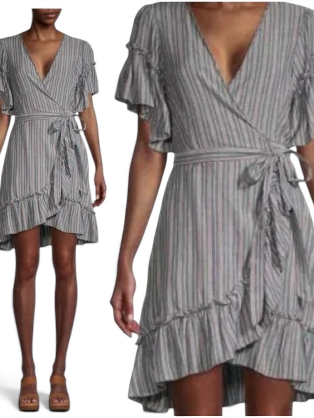 Max Studio Gray Striped Wrap Dress with Ruffle Hem
